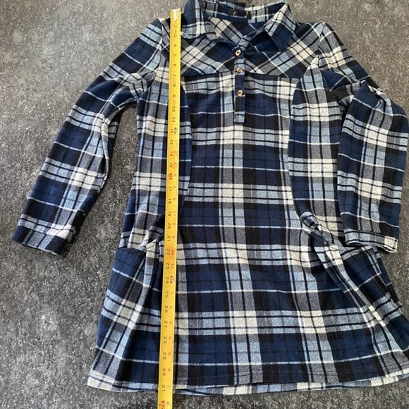 Navy Plaid Tunic Sweater W/Buttons and Collar-Pockets - Picture 8 of 10